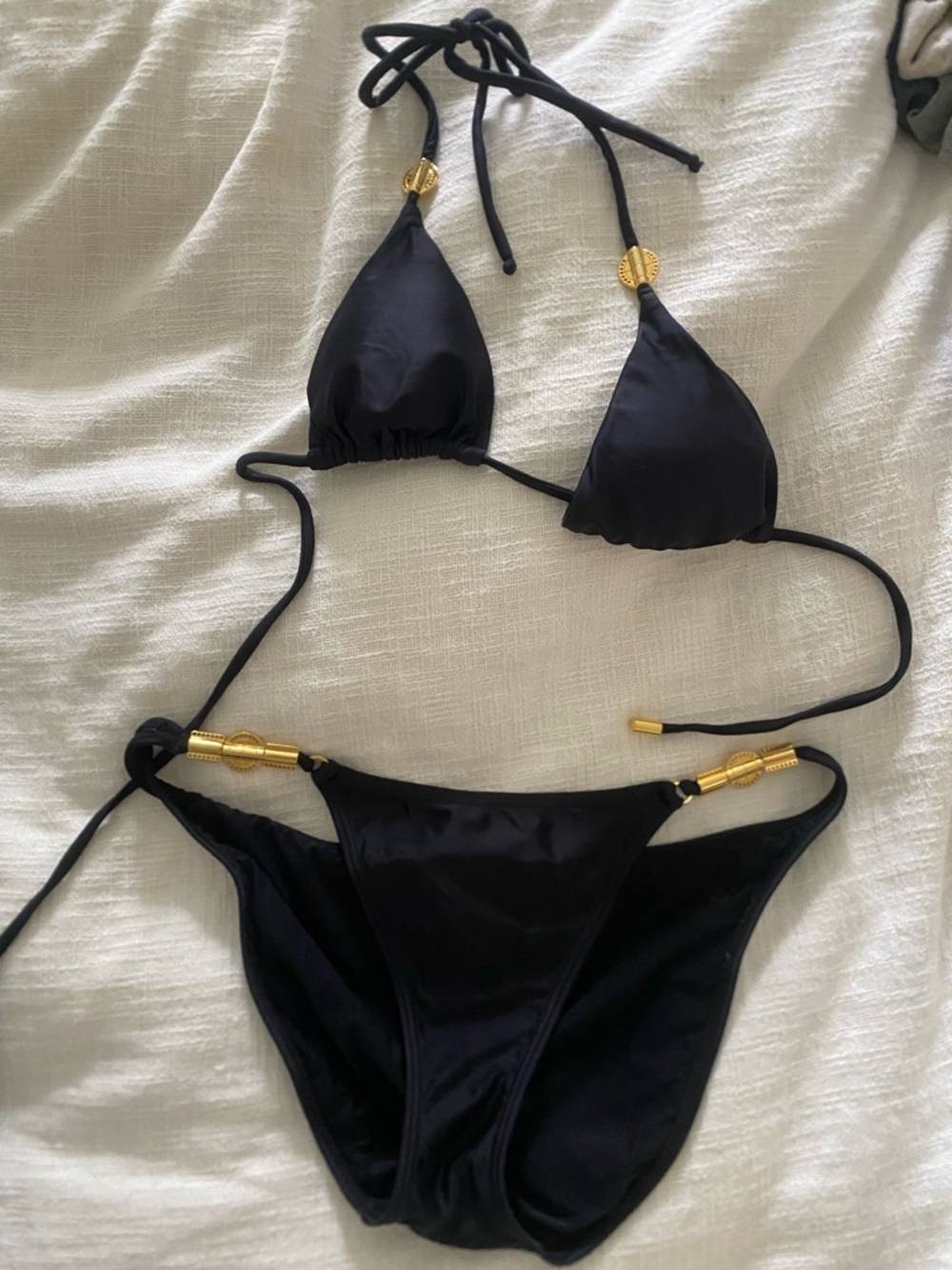 Vix Black Triangle String Bikini with Gold Hardware